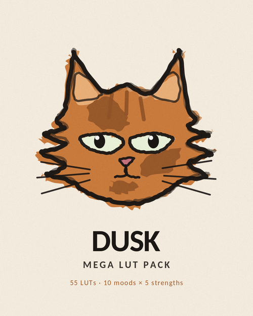 Dusk the ColorCats cat — Mega LUT Pack, 55 LUTs across 10 moods in 5 strengths