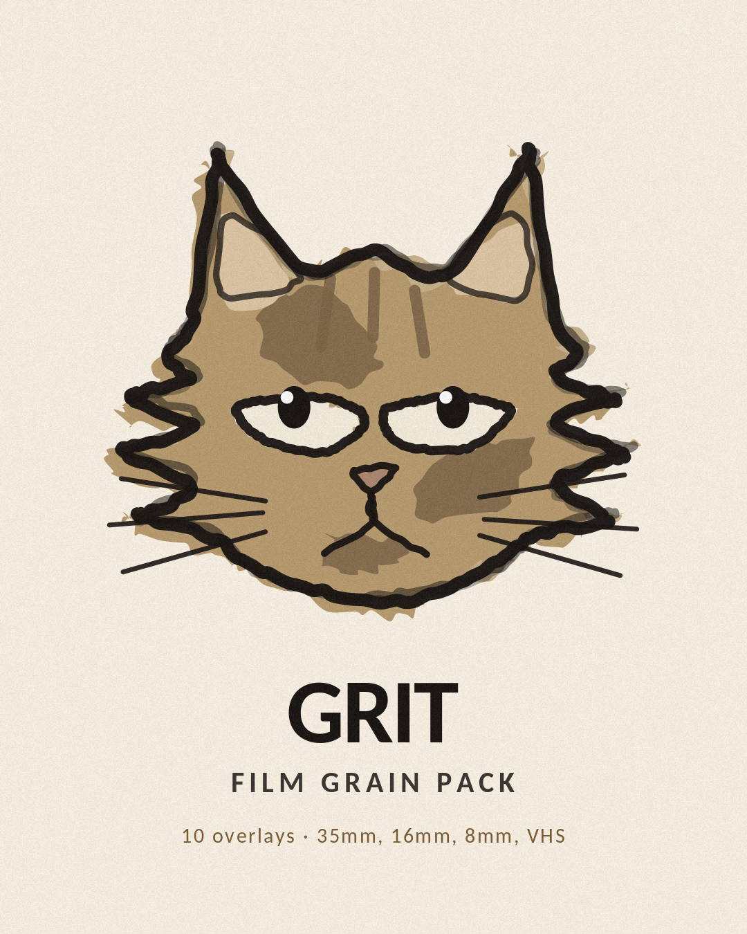Grit the ColorCats cat — Film Grain Pack, 10 overlays including 35mm, 16mm, 8mm and VHS