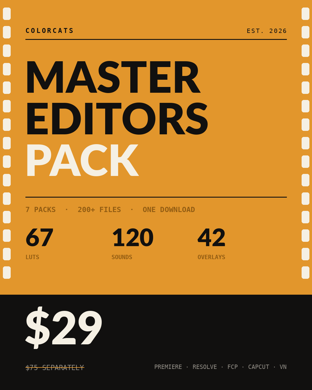 ColorCats Master Editors Pack — 7 packs, 200+ files, 67 LUTs, 120 sounds, 42 overlays for $29
