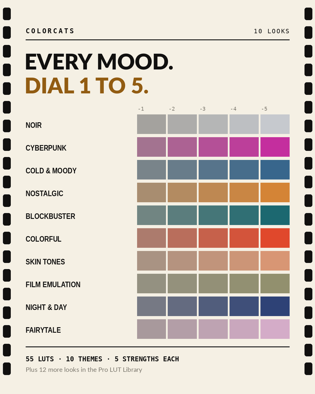 The 10 LUT themes — Noir, Cyberpunk, Cold & Moody, Nostalgic, Blockbuster, Colorful, Skin Tones, Film Emulation, Night & Day and Fairytale — each in 5 strengths